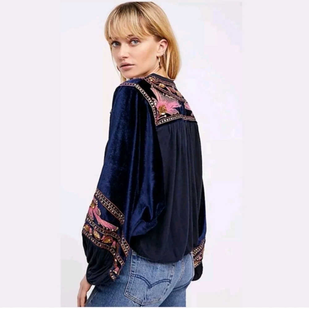 Free People Navy and Pink Embroidered Top - Picture 2 of 3